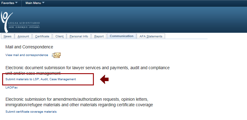 Screenshot highlighting the 'Submit materials to LSP, Audit, Case Management' button