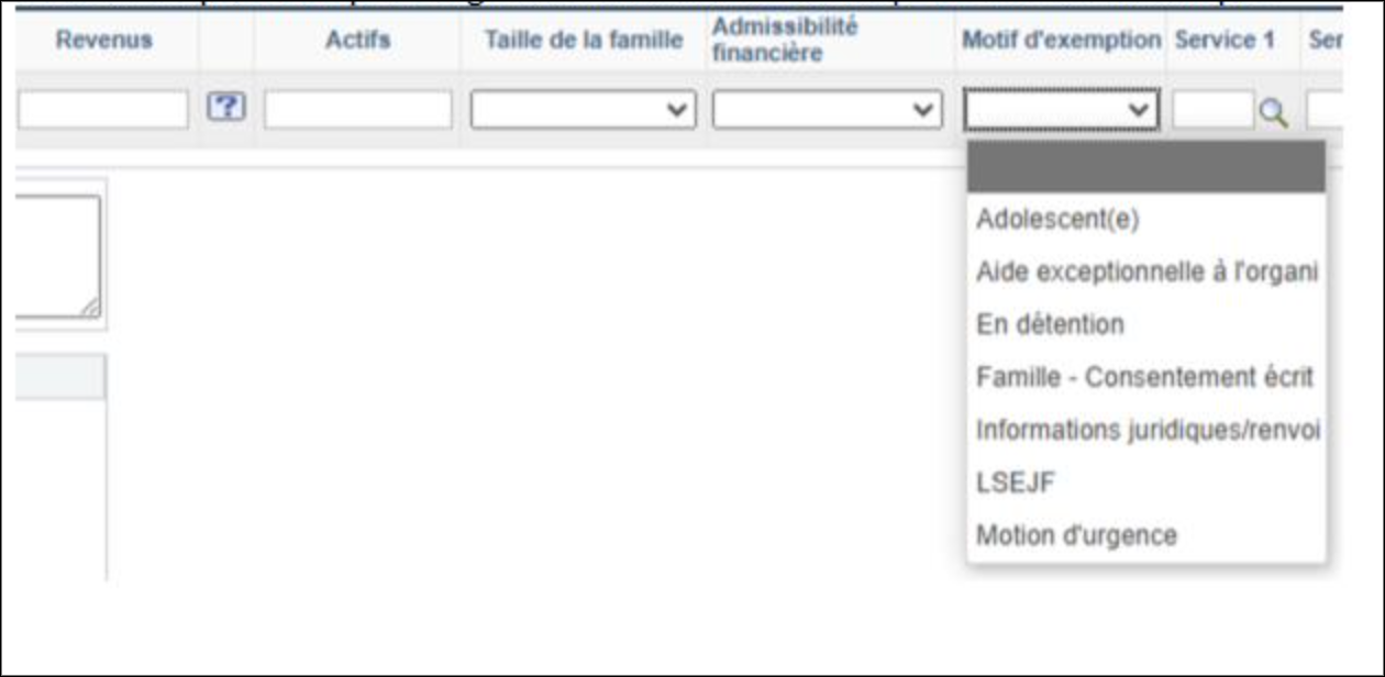 Screenshot of Exempt Reasons pull down menu