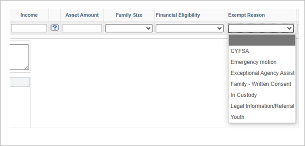 Screenshot of Exempt Reasons pull down menu