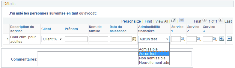 Cette capture d'écran montre le nouveau champ concernant l'admissibilité financière avec les sous-catégories admissibles, aucun test, pas admissible et nouvellement admissible.