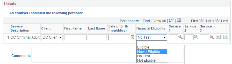 This duty counsel general advice entry shows the new financial eligibility fiel with the options of eligible, newly eligible, no test and not eligibile.