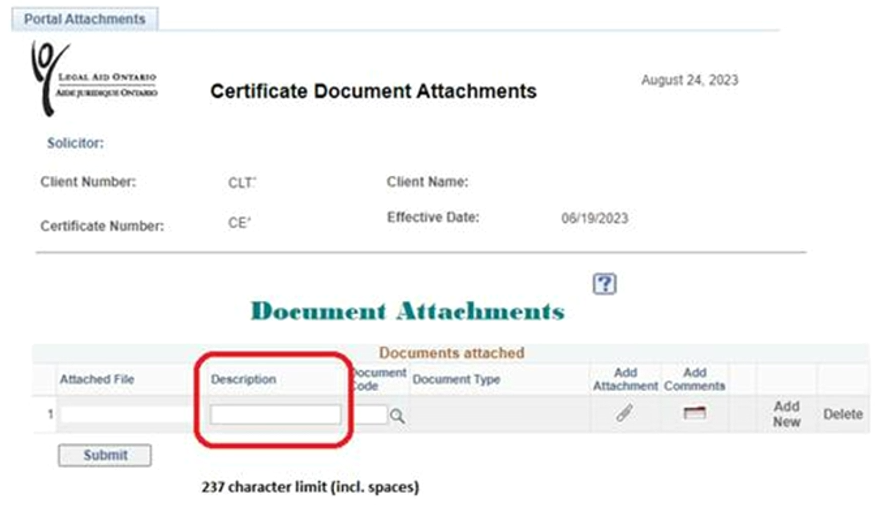 Lawyer portal page illustrating the description field to be completed.