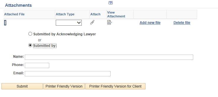 Screenshot highlighting the submitted by acknowledging lawyer radio button