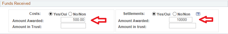 Screenshot highlighting radio button and amount awarded fields