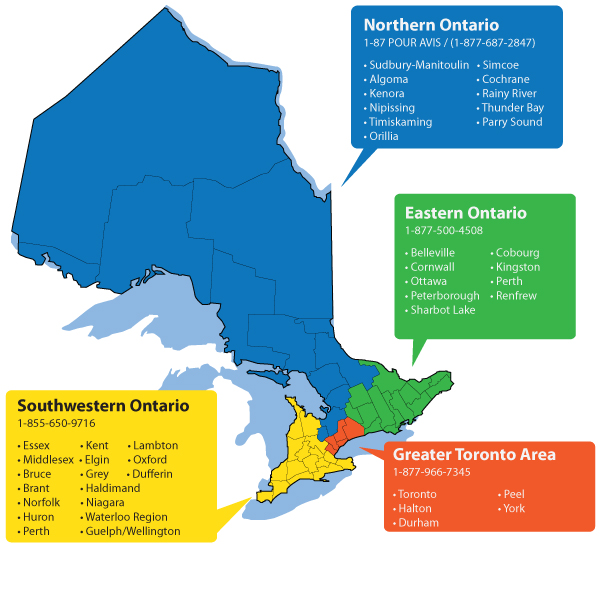 Image of Ontario highlighting the regions. Contact information shown on the image is available above