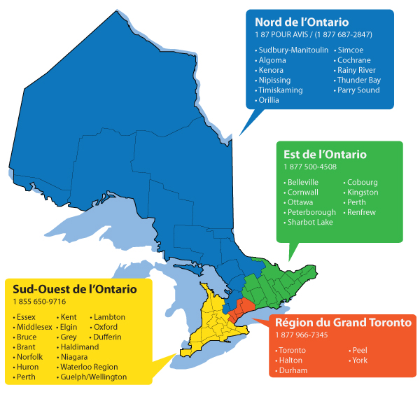 Image of Ontario highlighting the regions. Contact information shown on the image is available above