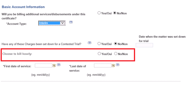 Screenshot of the basic account iformation screen highlighting the choose to bill hourly option