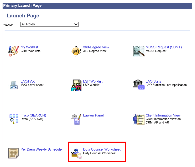 Screenshot highlighting the duty counsel worksheet link