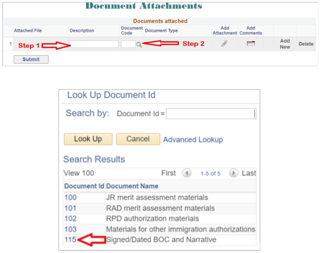 Screenshot highlighting the fields for steps 1 and 2
