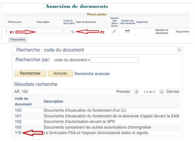 Capture d'écran mettant en évidence les champs des étapes 1 et 2