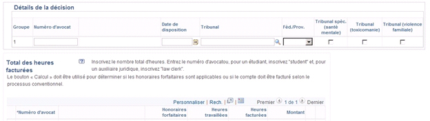 Capture d’écran d’Aide juridique en ligne montrant les détails de la décision et le nombre total d’heures facturées