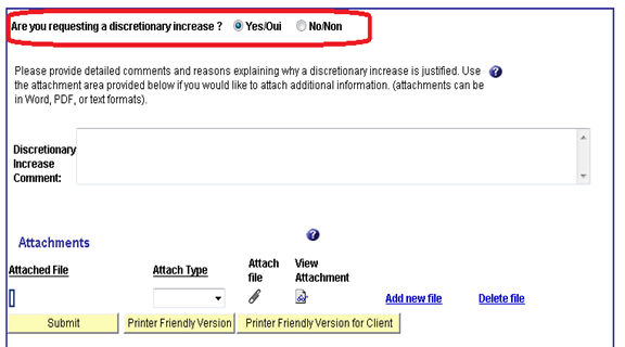 Screenshot of option to request a discretionary increase on Legal Aid Online