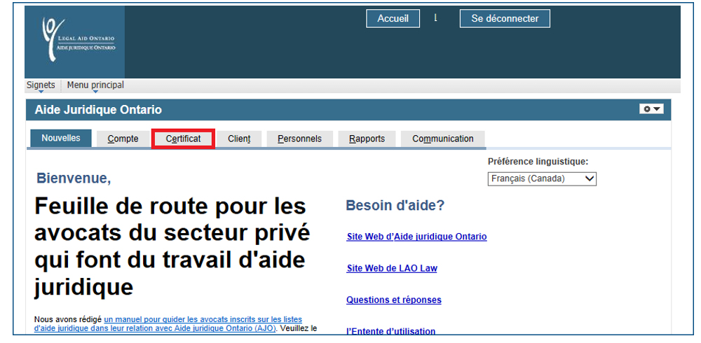 Capture d'écran de la page d'accueil d'Aide juridique en ligne. L'onglet Certificat situé sur la barre de navigation en haut de la page est surligné.