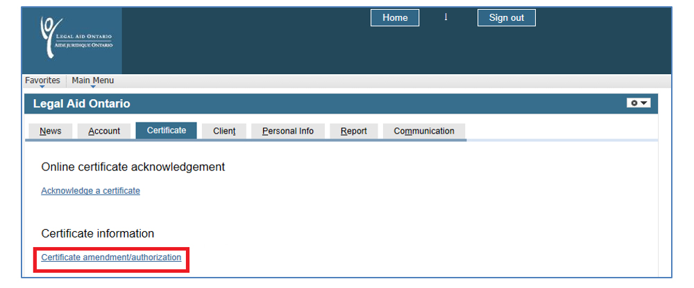 Screenshot of the Certificate page with the button option “Certificate amendment/authorization” highlighted.