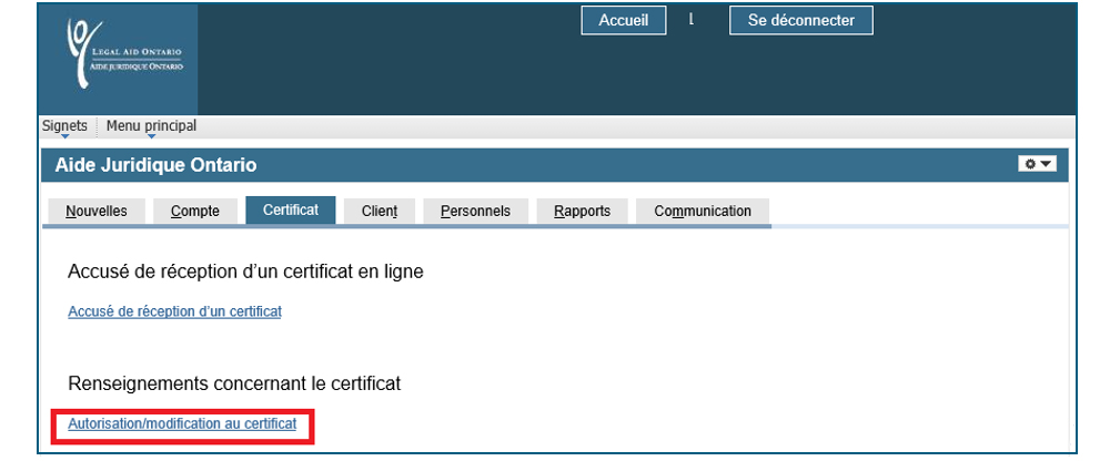 Capture d'écran de la page Certificat. Le lien Autorisation/modification au certificat est surligné.