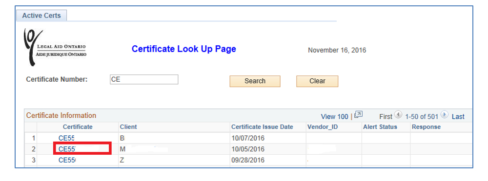 Screenshot of the Certificate Look Up page. Under Certificate Information is a list of Certificates. One of them is highlighted.