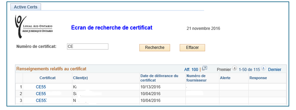 Capture de l'Écan de recherche de certificat. Une liste de numéros de certificats est affichée dans la section Renseignements relatifs aux certificats.