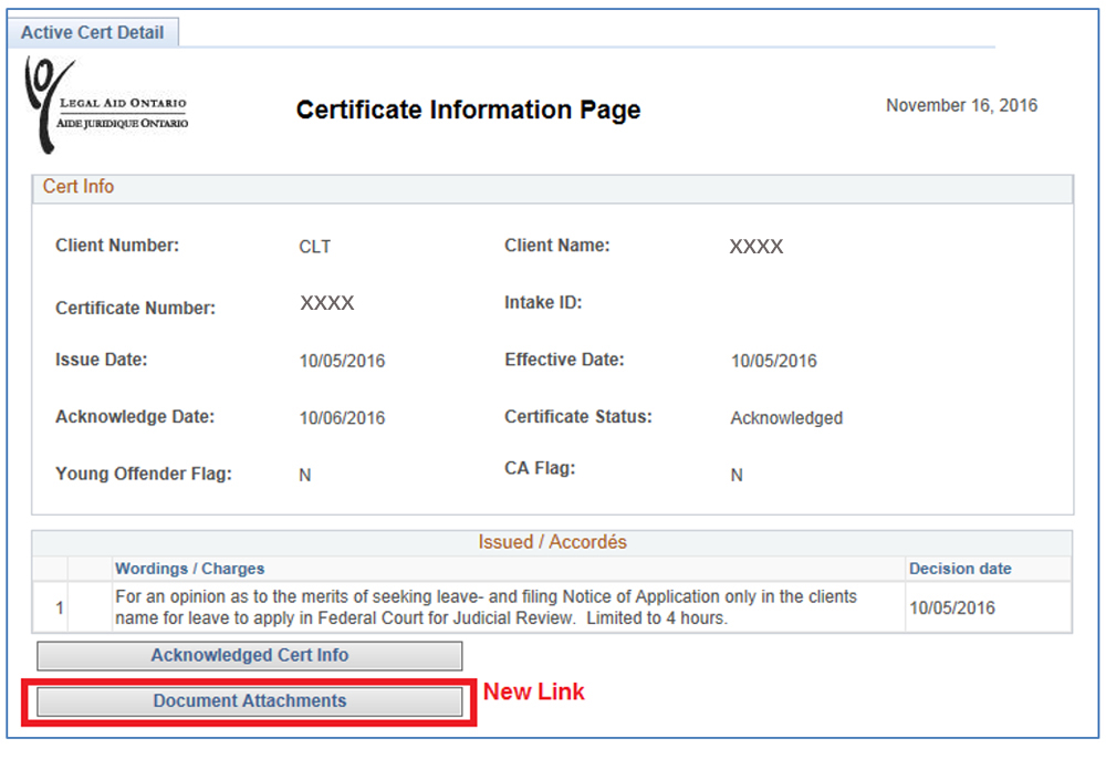 Screenshot of the Certificate Information page. The button “Document Attachments” is highlighted. A note beside the highlighted Document Attachments” button says, “New link.” 