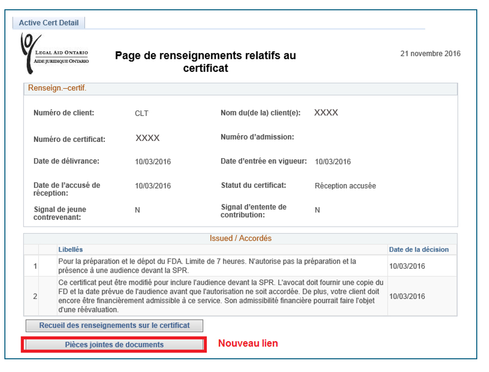 Capture d'écran de la Page de renseignements relatifs au certificat. Le lien Annexion de documents est surligné. Le message Nouveau lien est écrit à droite du lien. 