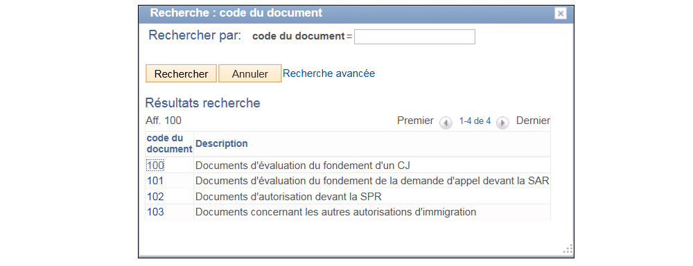 Capture d'écran de la fenêtre de recherche du code du document.