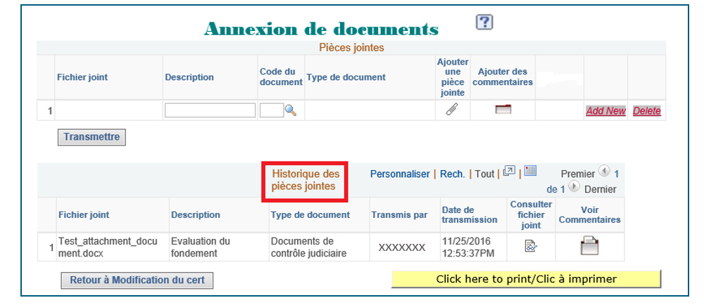 Capture d'écran de la page Historique des pièces jointes, montrant le fichier qui a été transmis.