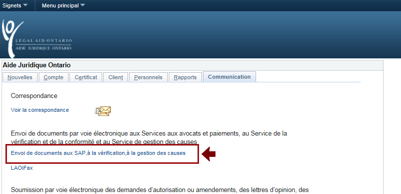 Screenshot highlighting the 'Envoi de documents aux SAP, à la vérification, à la gestion des causes' button